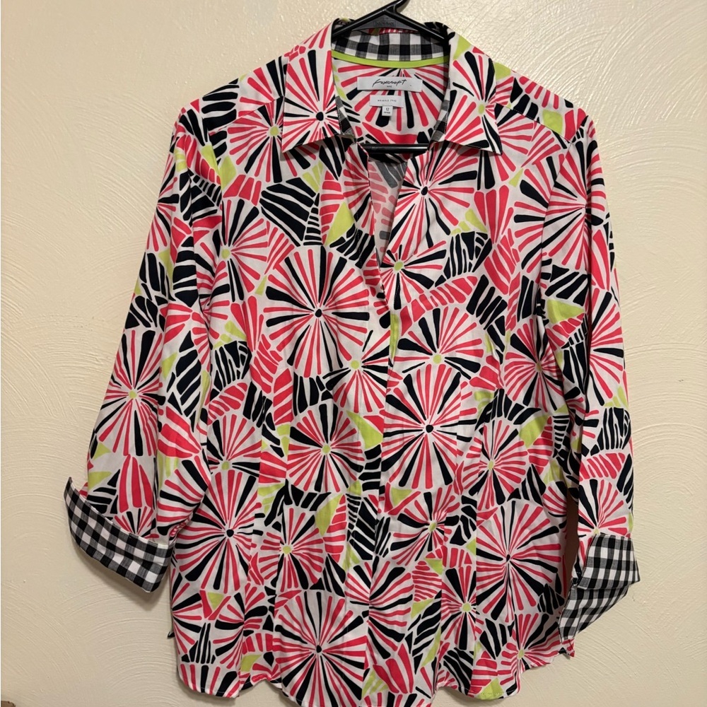 Foxcroft Pink and Black Geometric Button Down Shirt